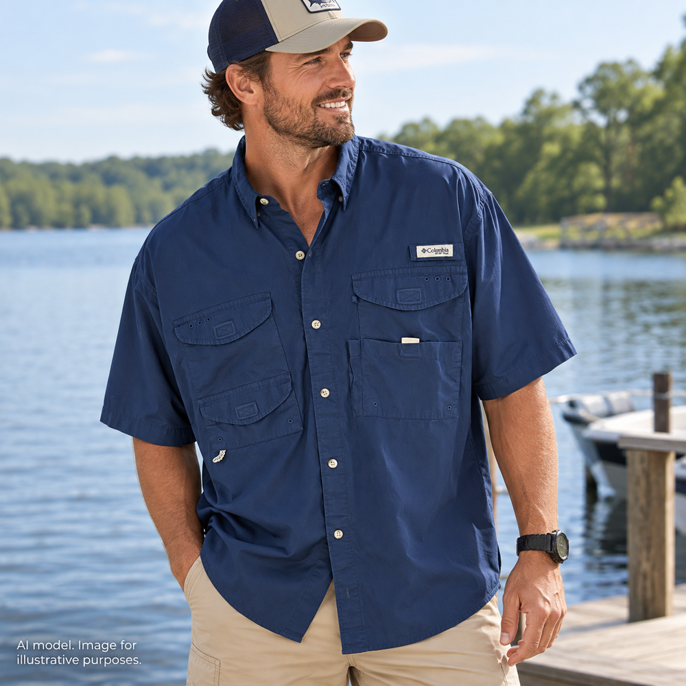 Columbia Shirt Mens XL Dark Blue PFG Button Vented Pockets Boat Fishing Hiking
